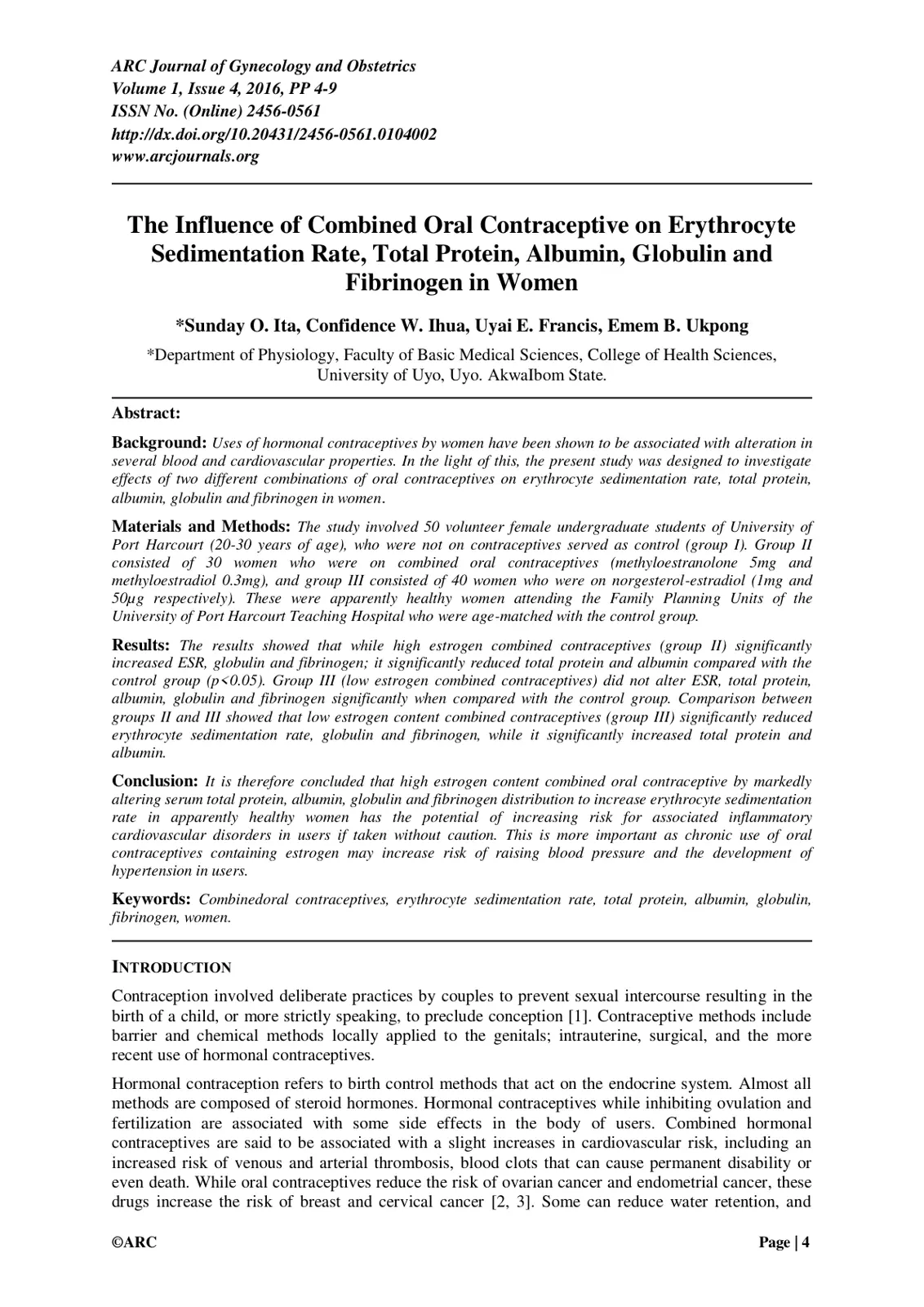 غلاف تقرير The Influence of Combined Oral Contraceptive on Erythrocyte Sedimentation Rate, Total Protein, Albumin, Globulin and Fibrinogen in Women