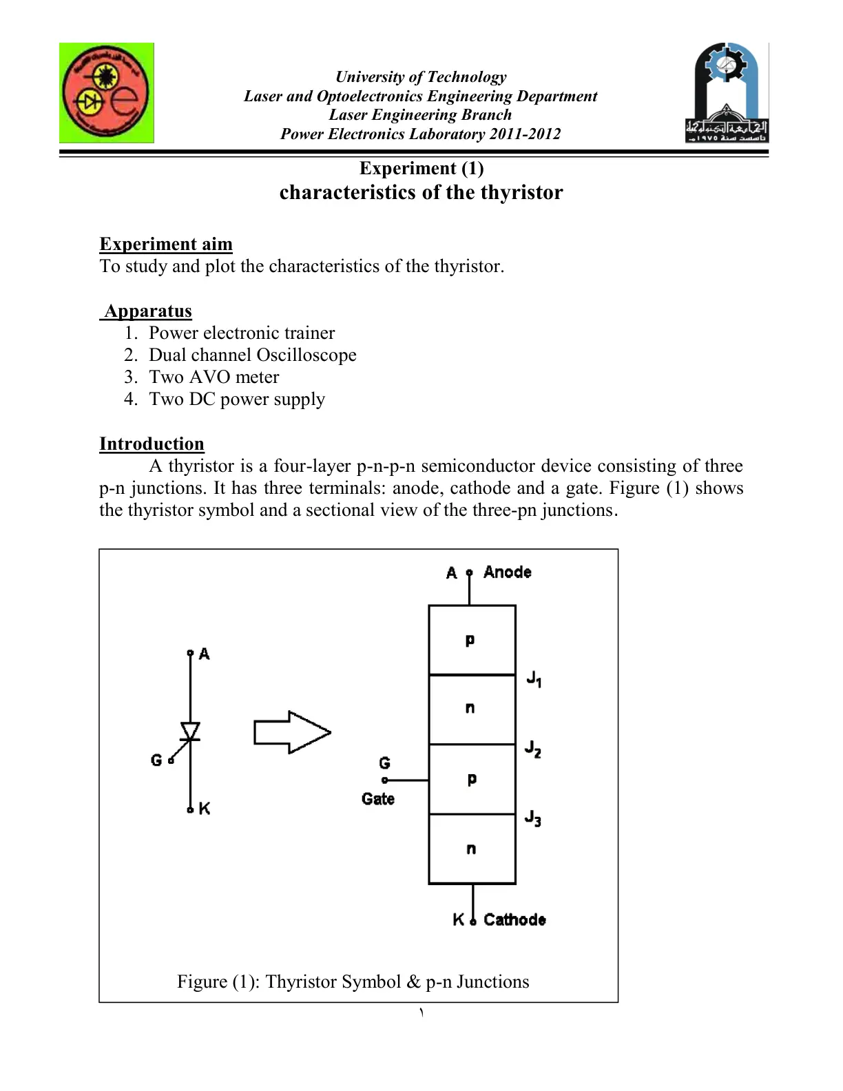 غلاف تقرير Power Electronics Laboratory - Experiment (1): Characteristics of the Thyristor