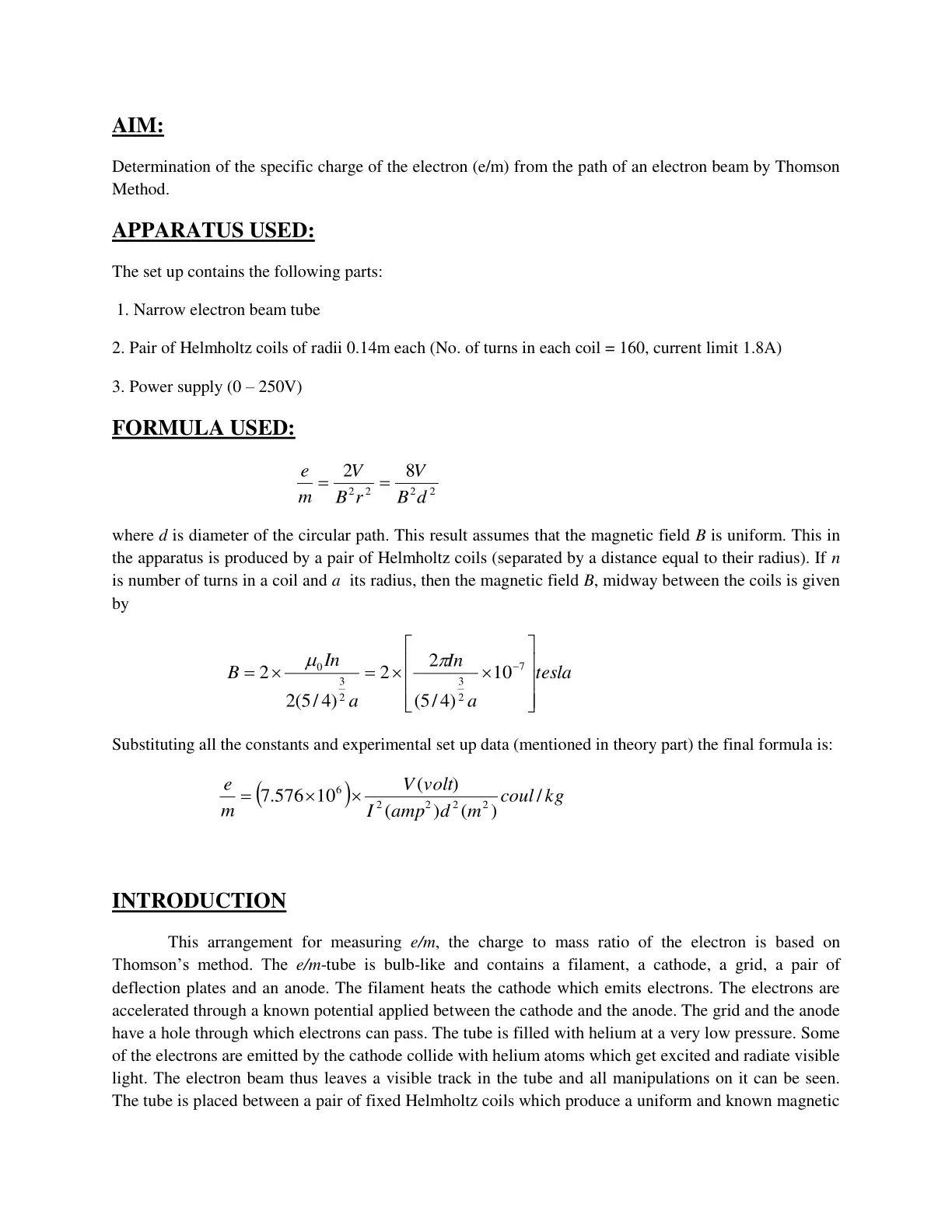 غلاف تقرير Determination of the Specific Charge of the Electron (e/m) by Thomson Method