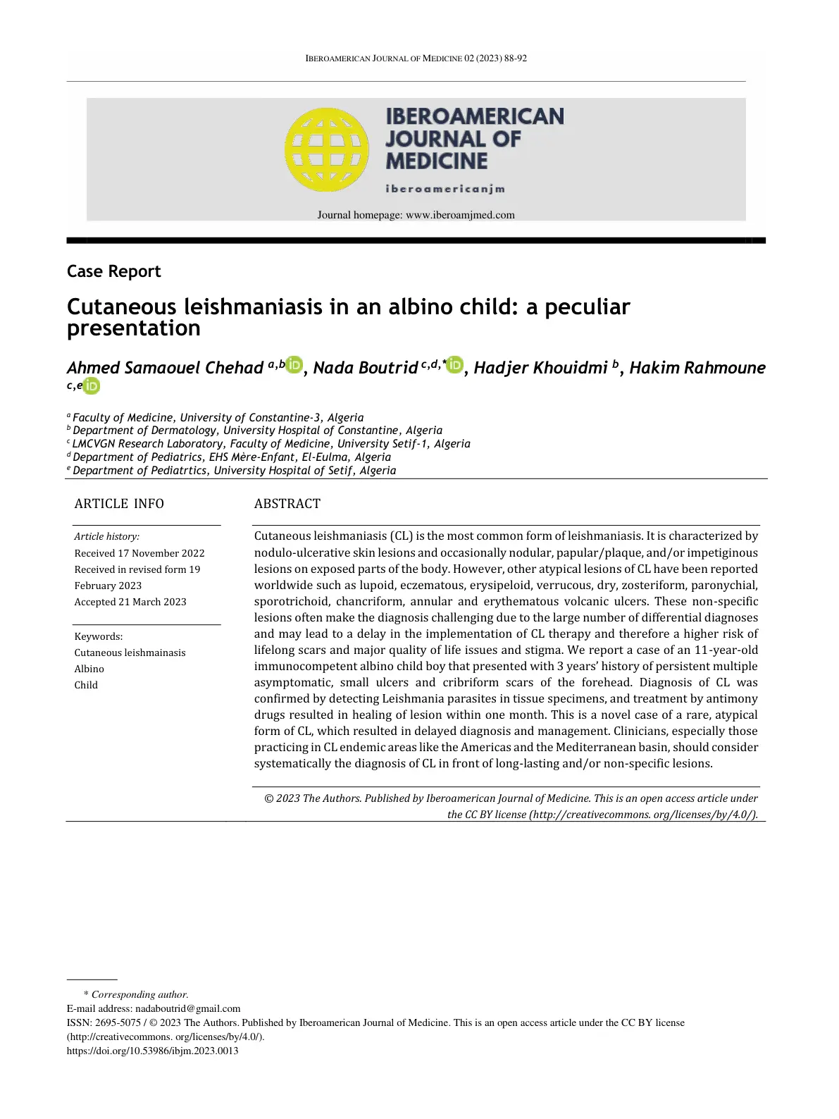 غلاف تقرير Cutaneous leishmaniasis in an albino child: a peculiar presentation