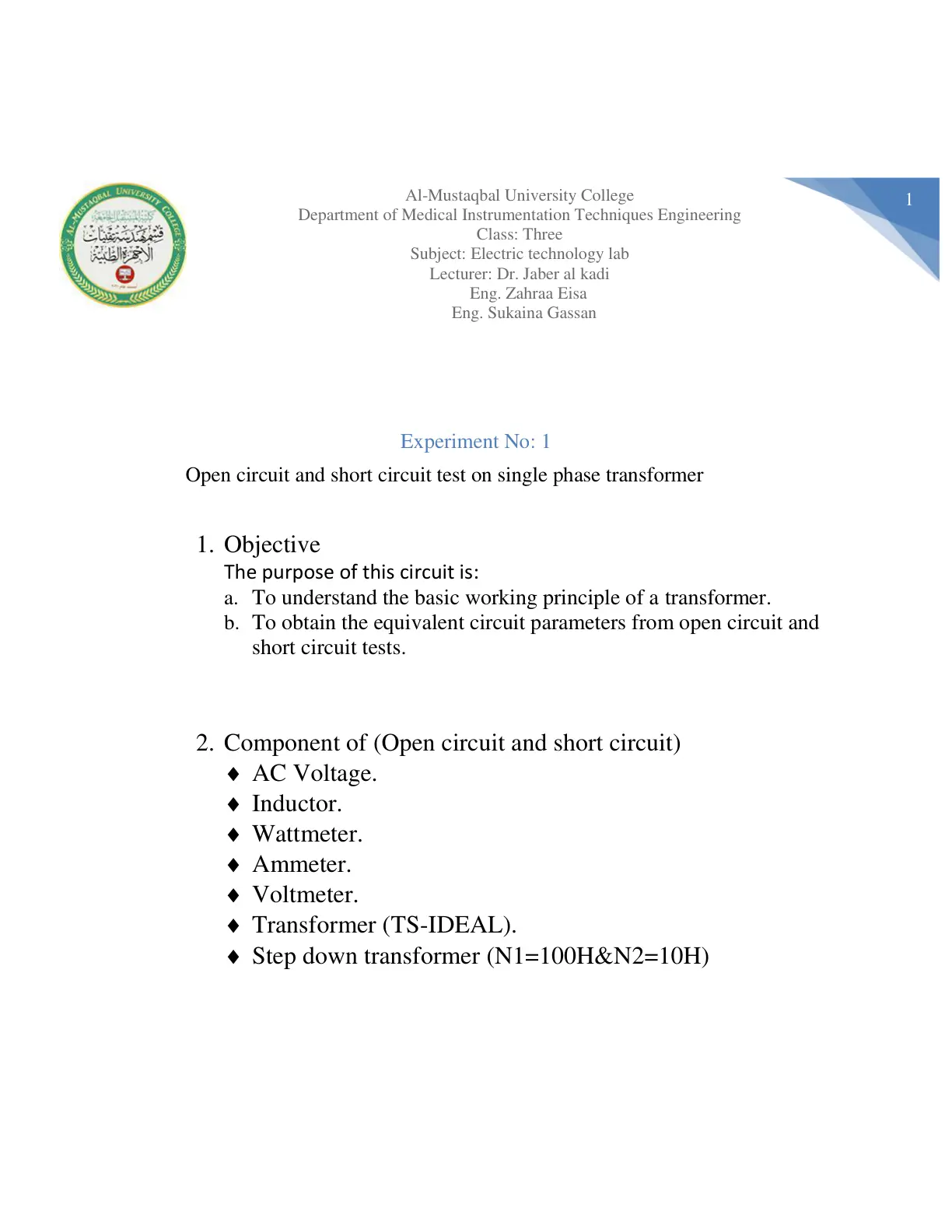 غلاف تقرير Open circuit and short circuit test on single phase transformer