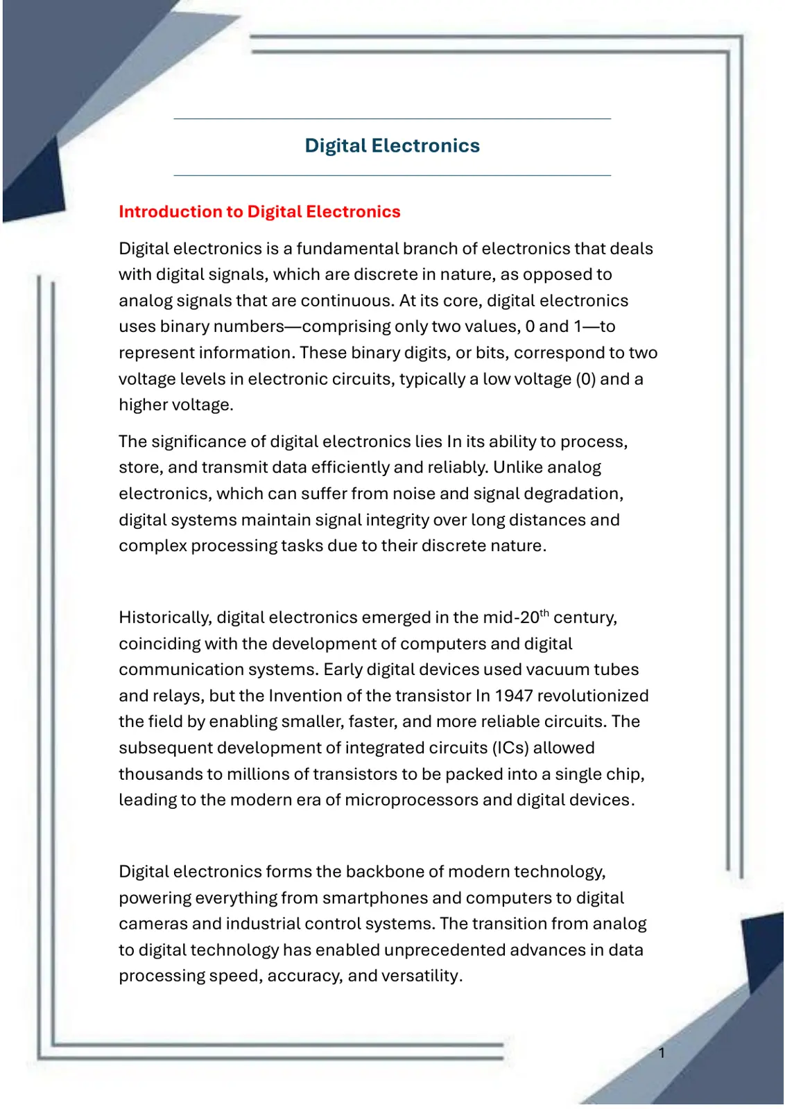 غلاف تقرير Introduction to Digital Electronics