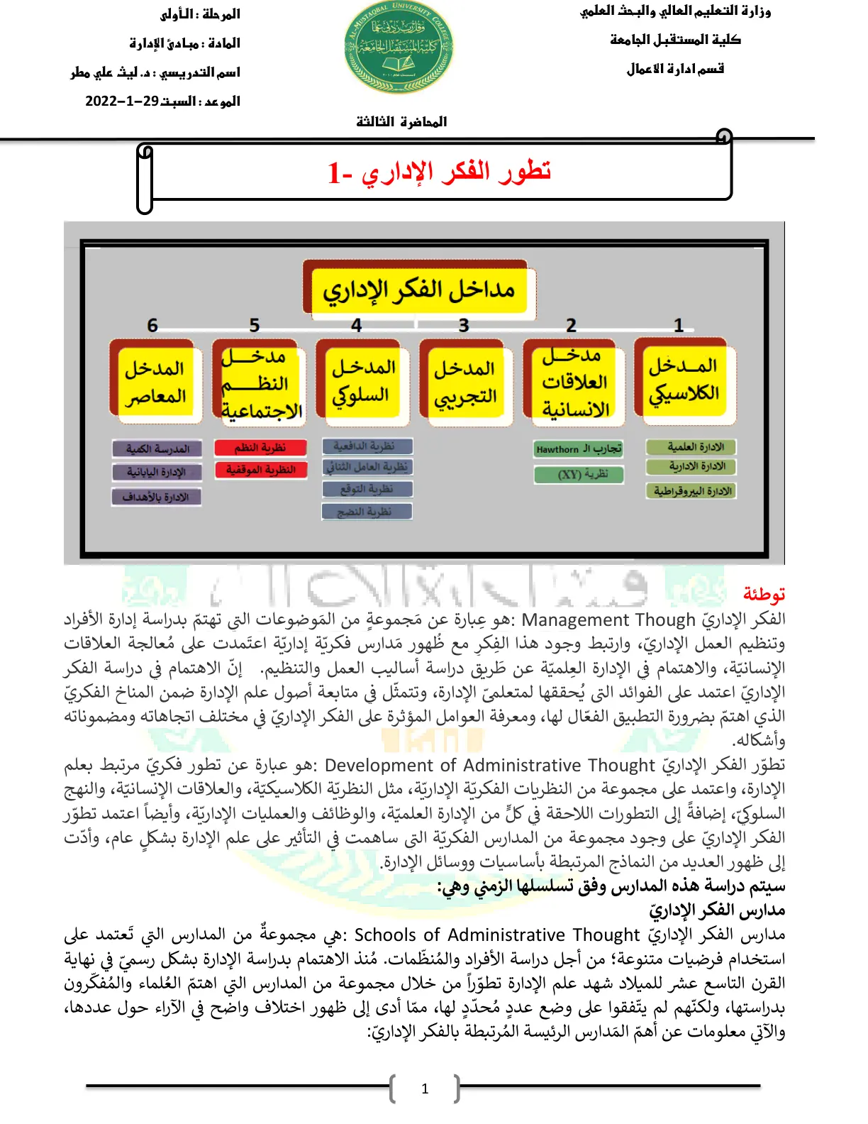 غلاف تقرير تطور الفكر الإداري -1-