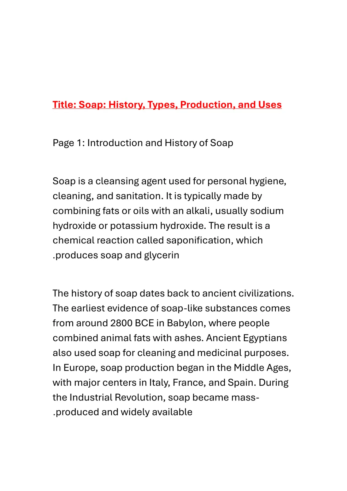 غلاف تقرير Soap: History, Types, Production, and Uses