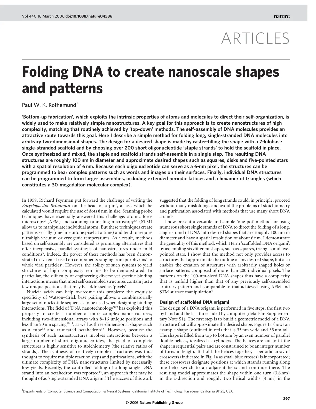 غلاف تقرير Folding DNA to create nanoscale shapes and patterns
