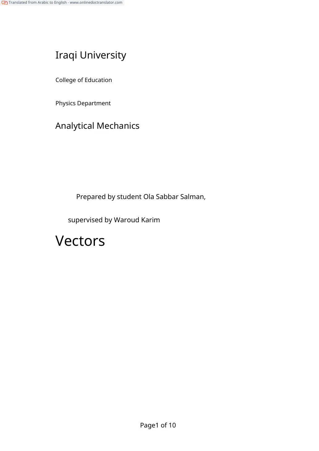 غلاف تقرير Analytical Mechanics - Vectors