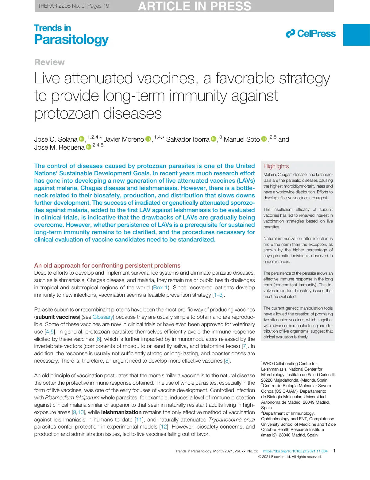 غلاف تقرير Live attenuated vaccines, a favorable strategy to provide long-term immunity against protozoan diseases