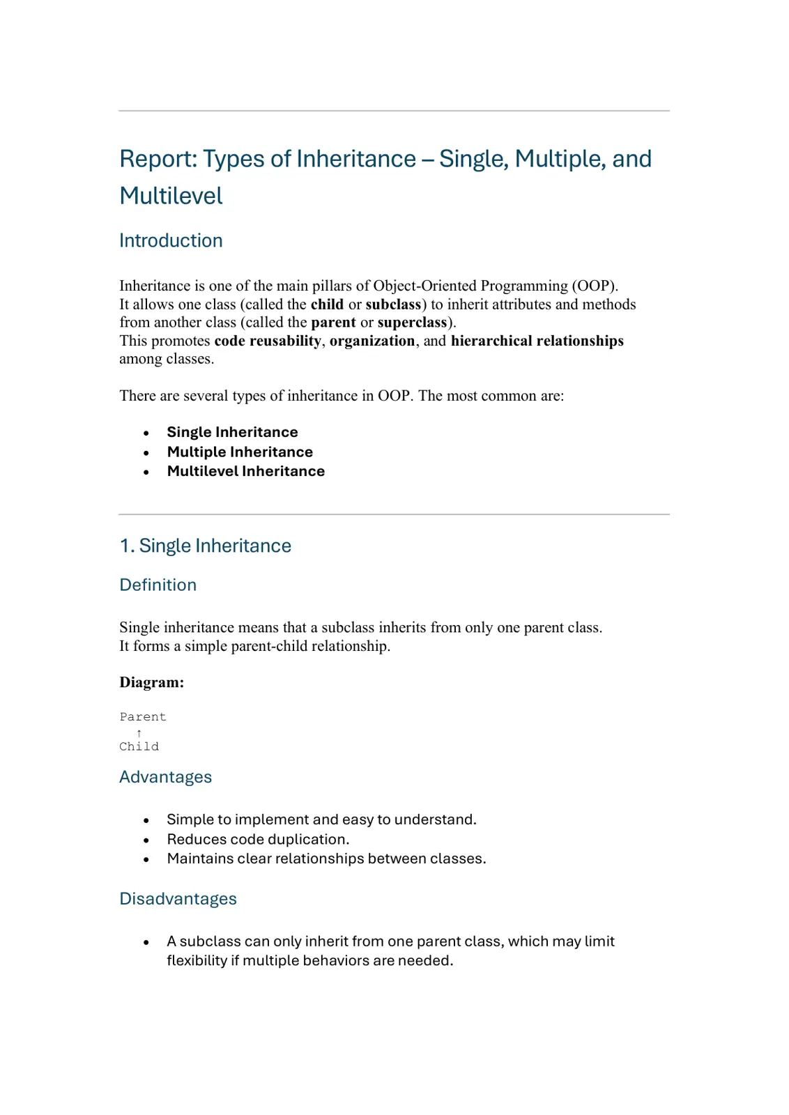 غلاف تقرير Report: Types of Inheritance - Single, Multiple, and Multilevel