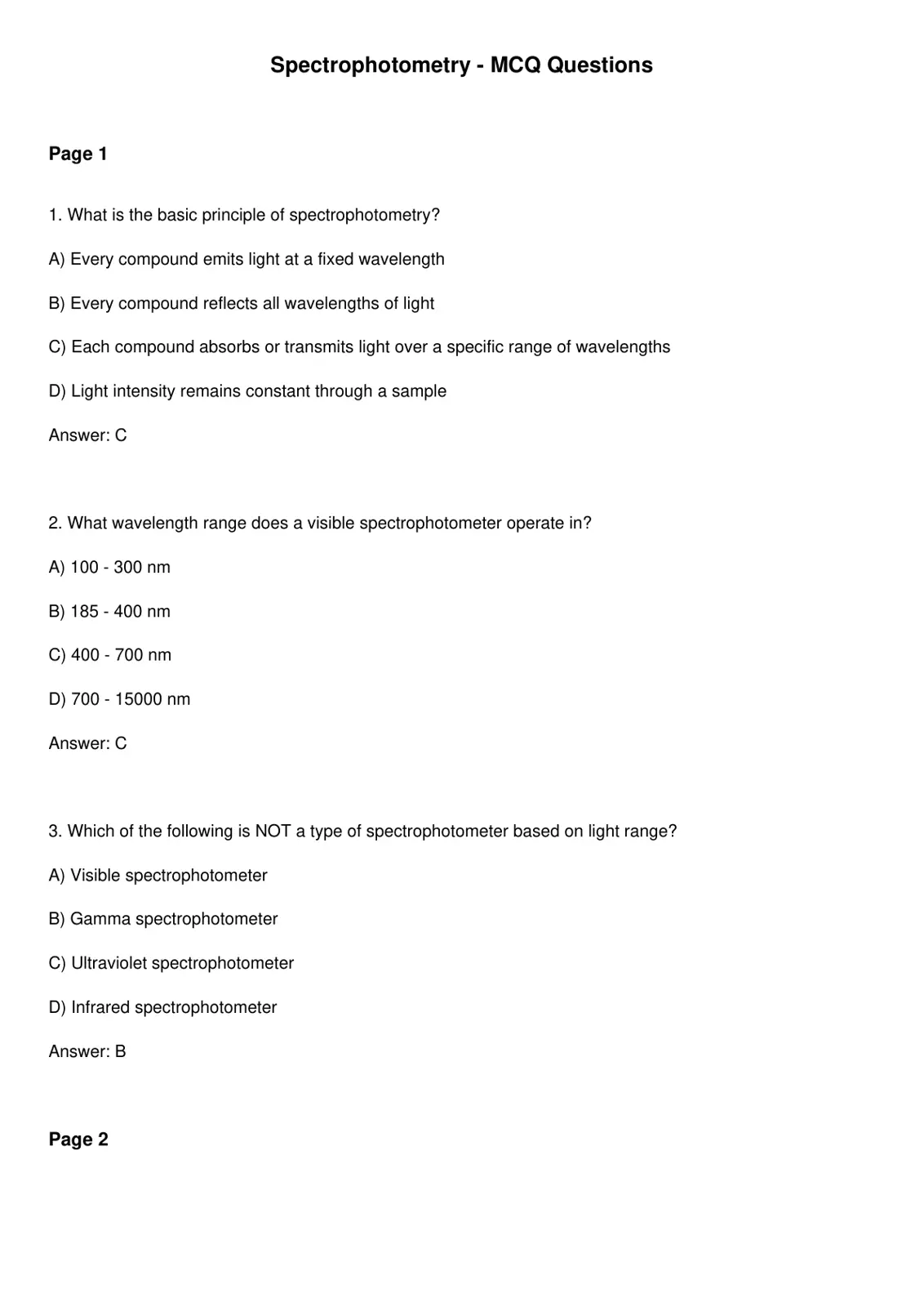غلاف تقرير Spectrophotometry - MCQ Questions