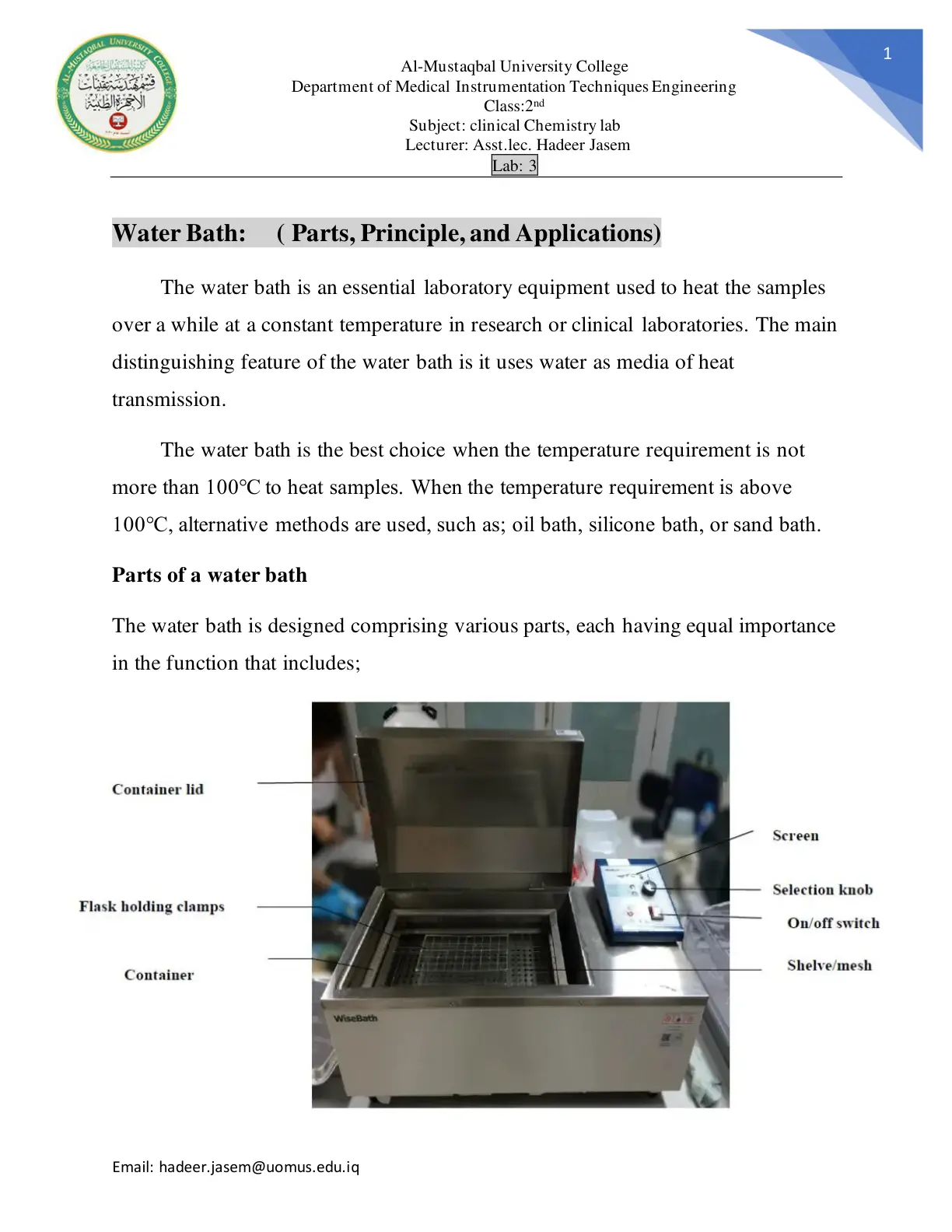 غلاف تقرير Water Bath: Parts, Principle, and Applications
