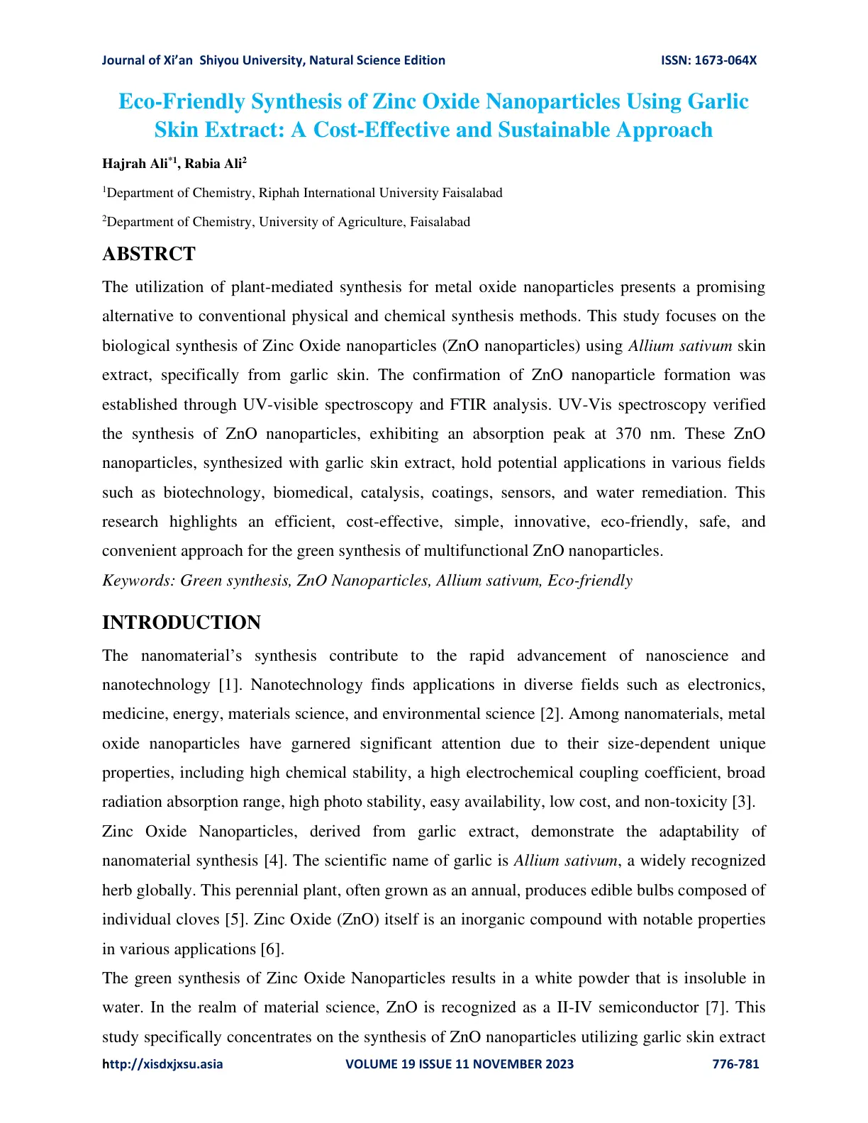 غلاف تقرير Eco-Friendly Synthesis of Zinc Oxide Nanoparticles Using Garlic Skin Extract: A Cost-Effective and Sustainable Approach