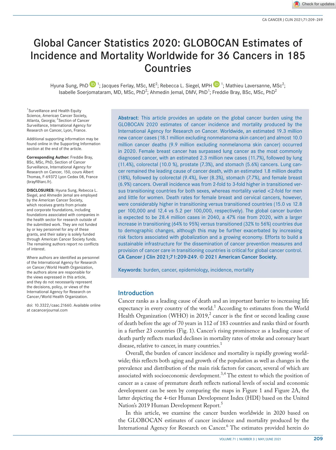 غلاف تقرير Global Cancer Statistics 2020: GLOBOCAN Estimates of Incidence and Mortality Worldwide for 36 Cancers in 185 Countries