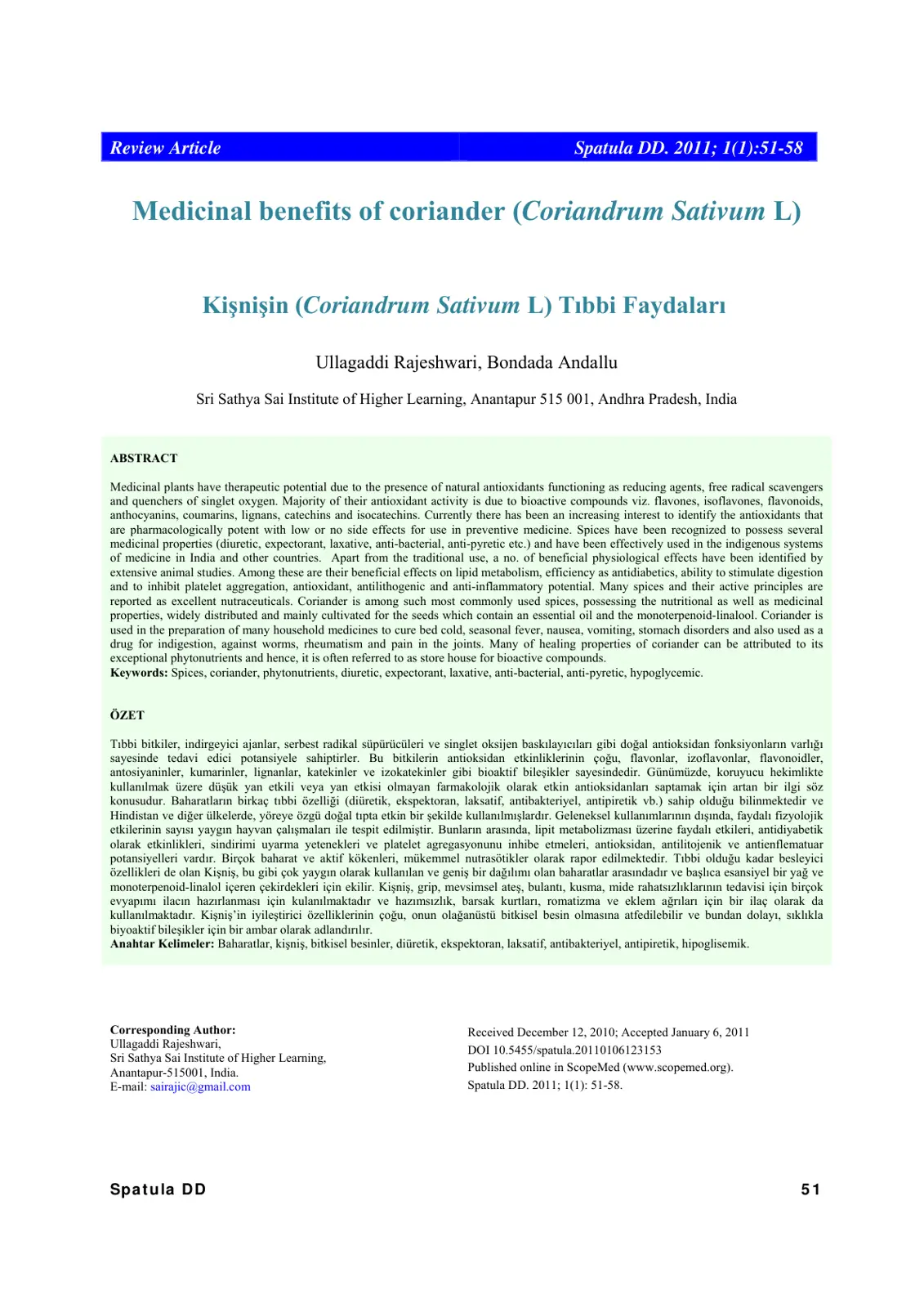 غلاف تقرير Medicinal benefits of coriander (Coriandrum Sativum L)