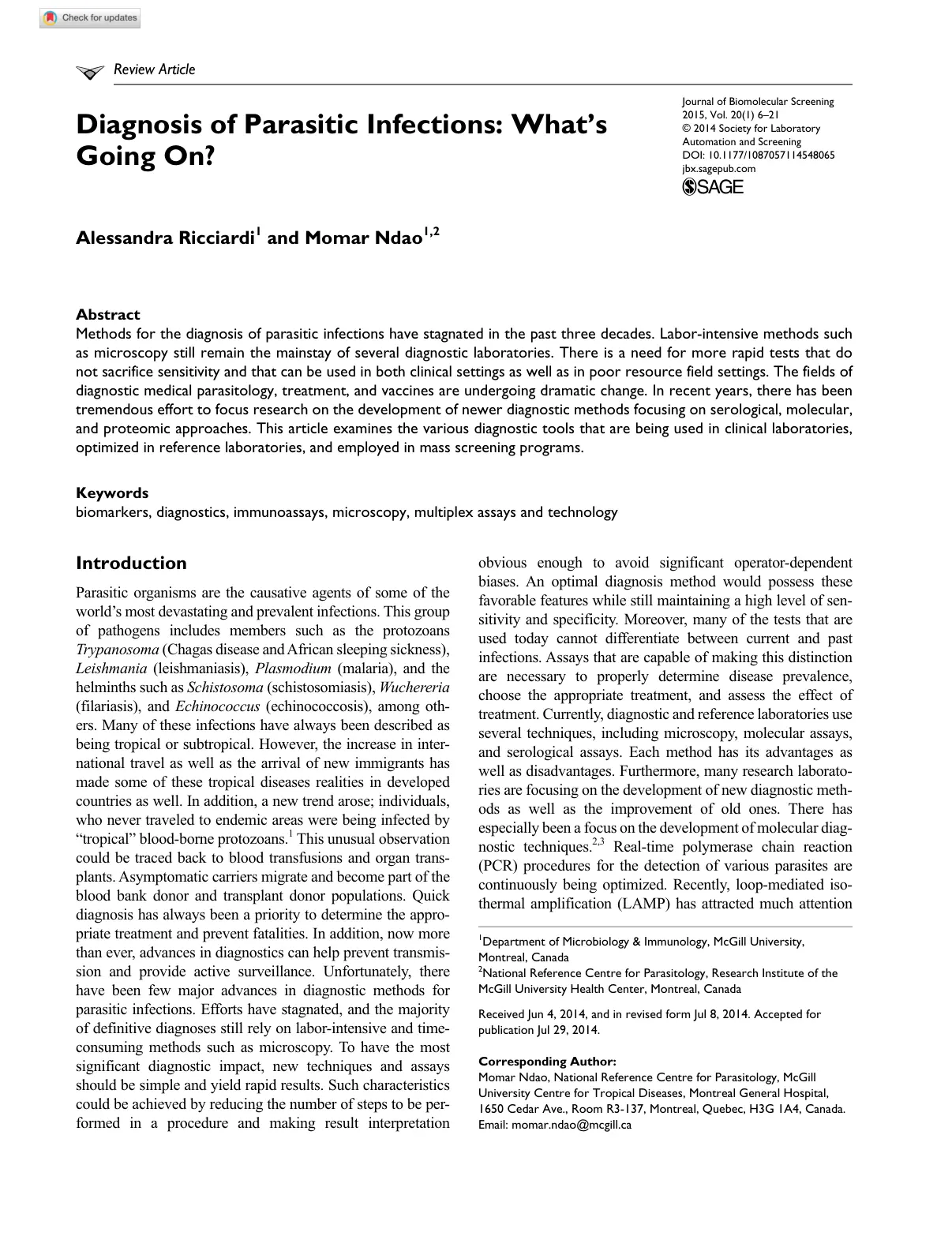 غلاف تقرير Diagnosis of Parasitic Infections: What's Going On?