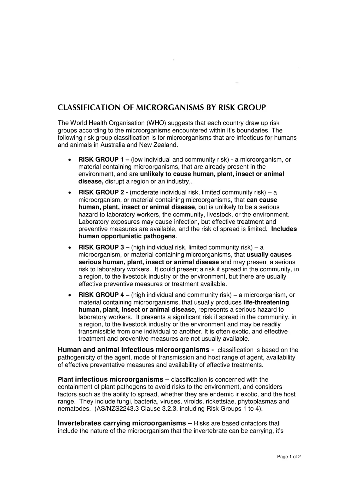 غلاف تقرير Classification of Microorganisms by Risk Group
