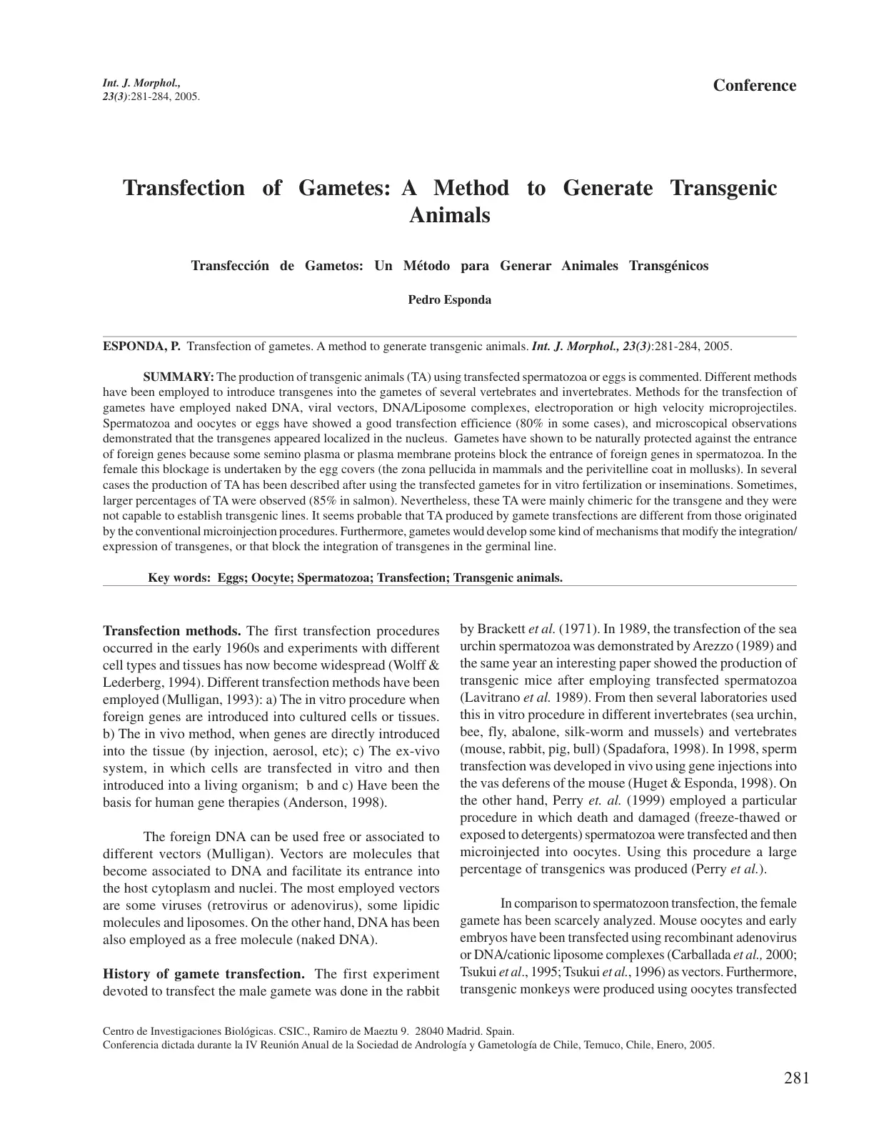 غلاف تقرير Transfection of Gametes: A Method to Generate Transgenic Animals