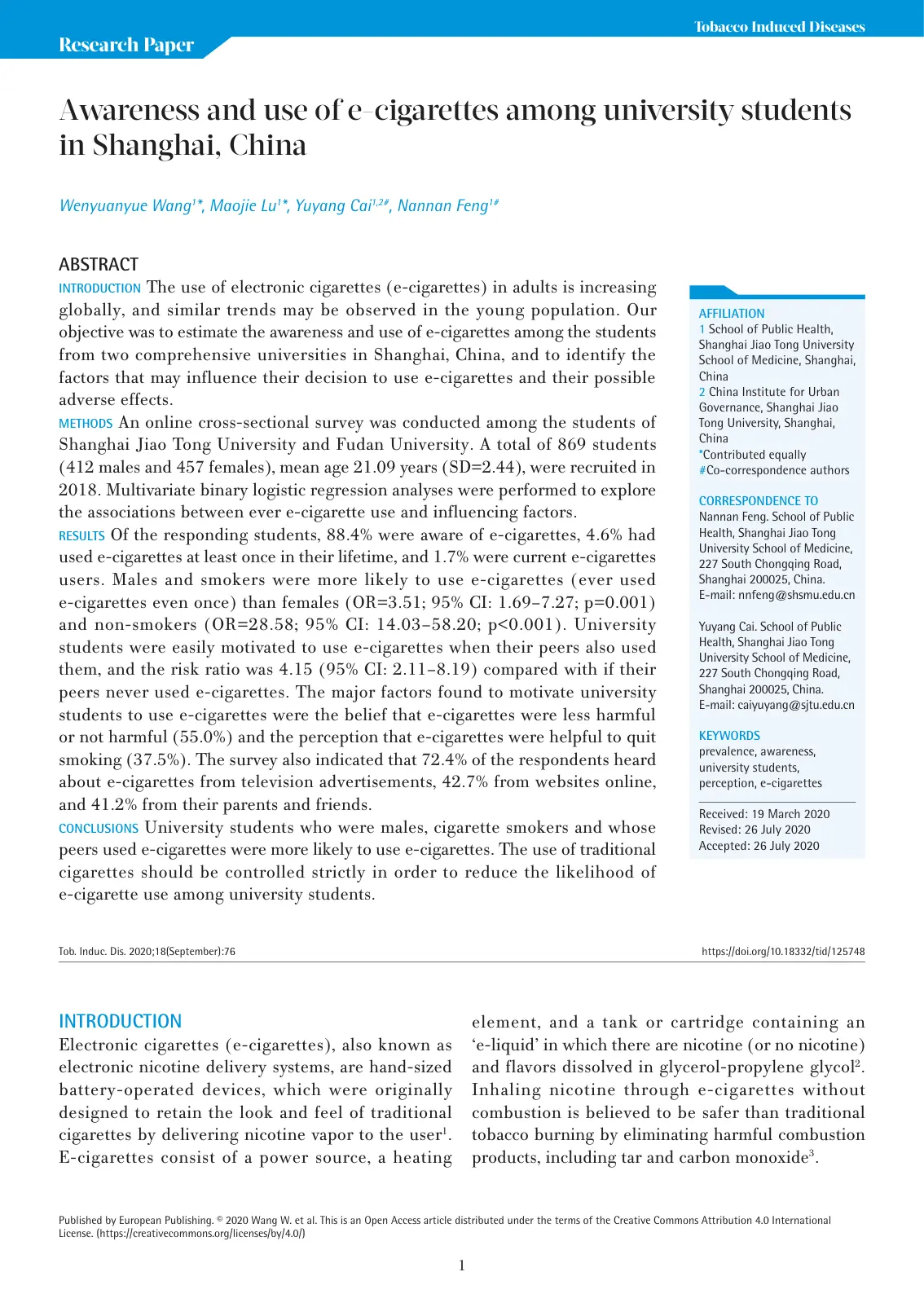 غلاف تقرير Awareness and use of e-cigarettes among university students in Shanghai, China