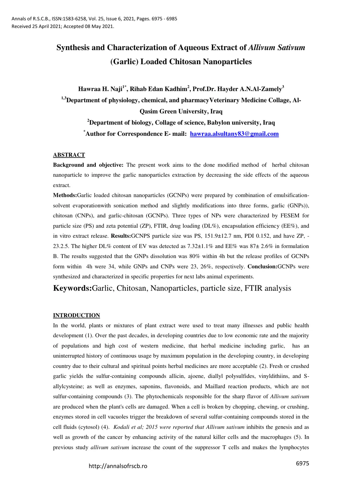 غلاف تقرير Synthesis and Characterization of Allivum Sativum (Garlic) Loaded Chitosan Nanoparticles
