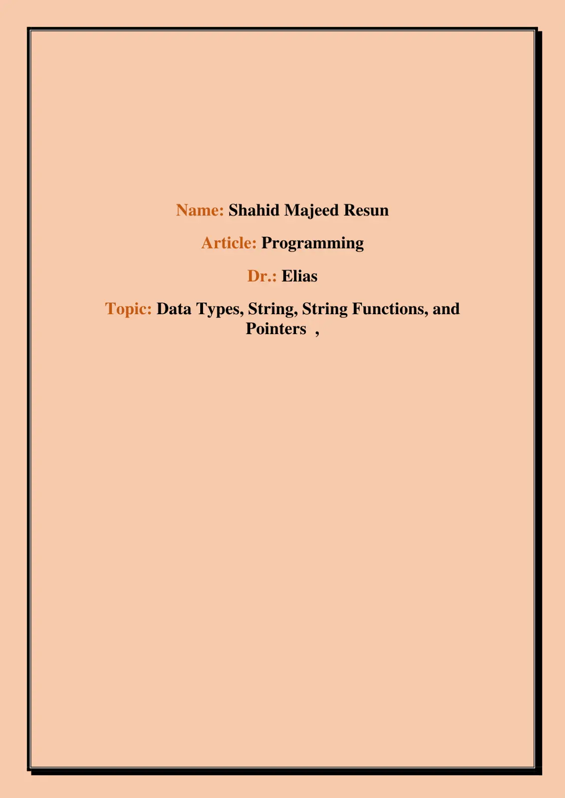 غلاف تقرير Data Types, String, String Functions, and Pointers