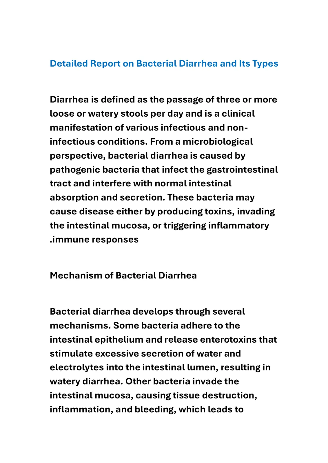 غلاف تقرير Detailed Report on Bacterial Diarrhea and Its Types