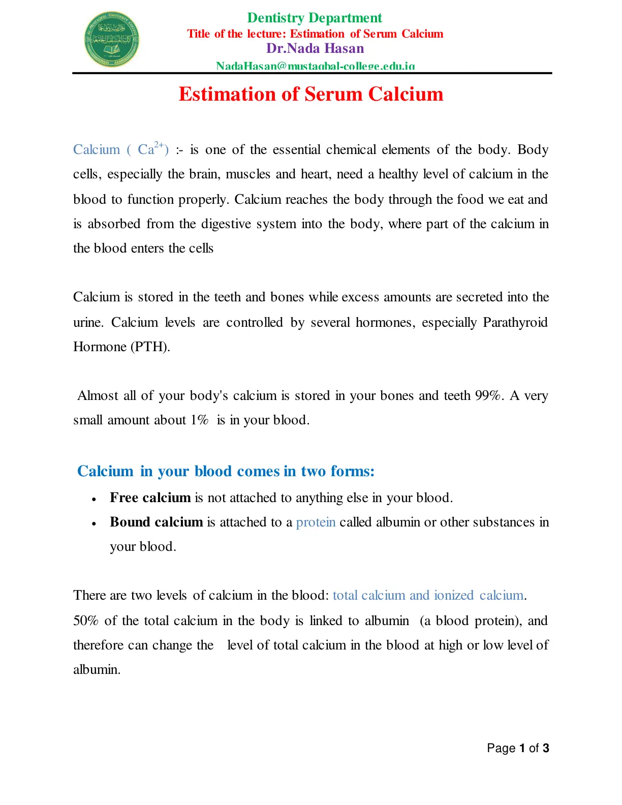 غلاف تقرير Estimation of Serum Calcium