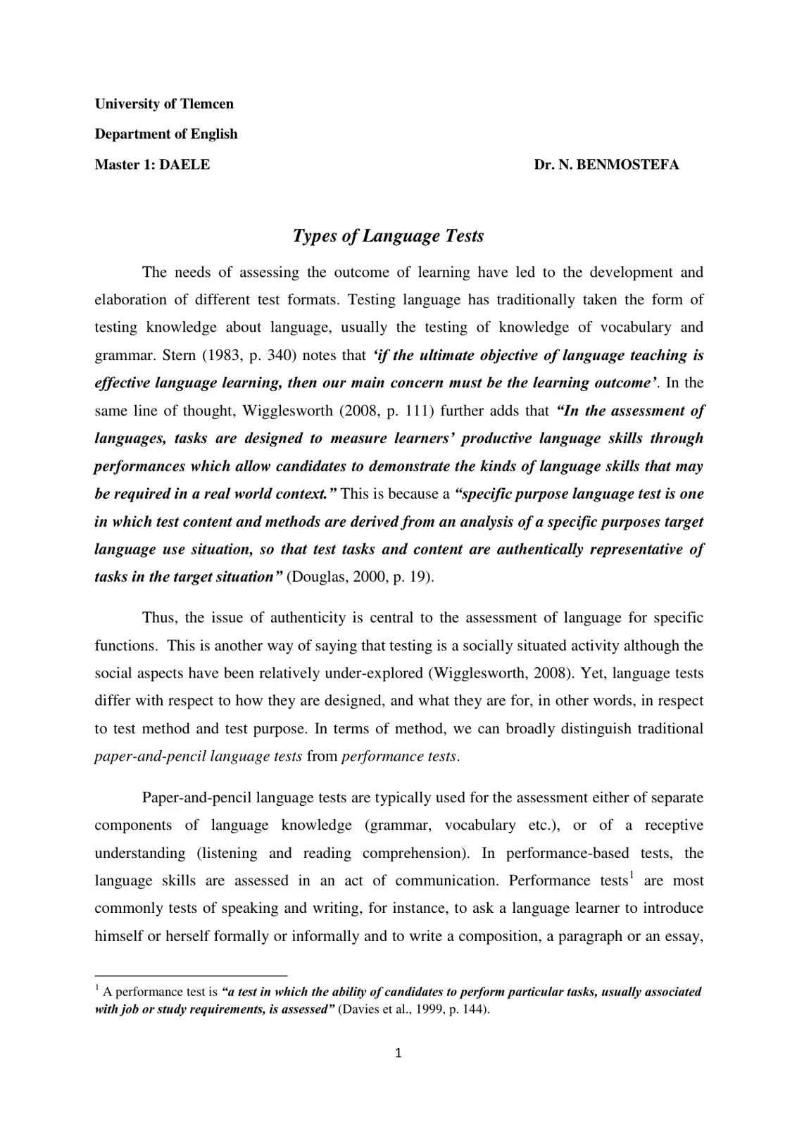 غلاف تقرير Types of Language Tests